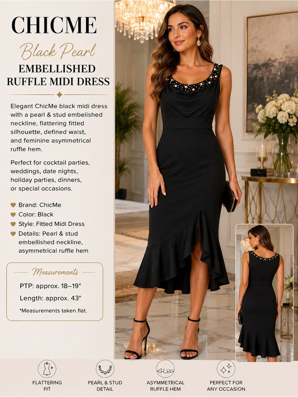 chic Black Pearl Embellished Ruffle Midi Dress